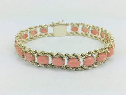 10k Yellow Gold Pear Cut Coral Ring and 14k Oval Cut Coral Bracelet Set