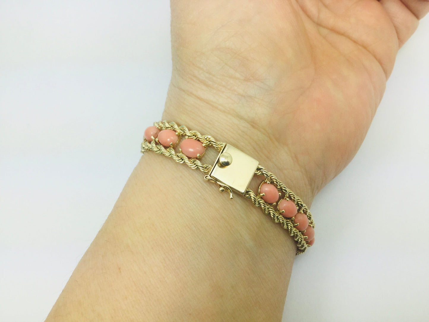 10k Yellow Gold Pear Cut Coral Ring and 14k Oval Cut Coral Bracelet Set