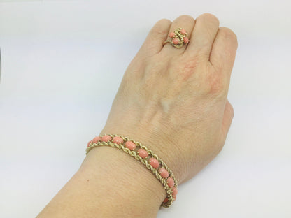 10k Yellow Gold Pear Cut Coral Ring and 14k Oval Cut Coral Bracelet Set