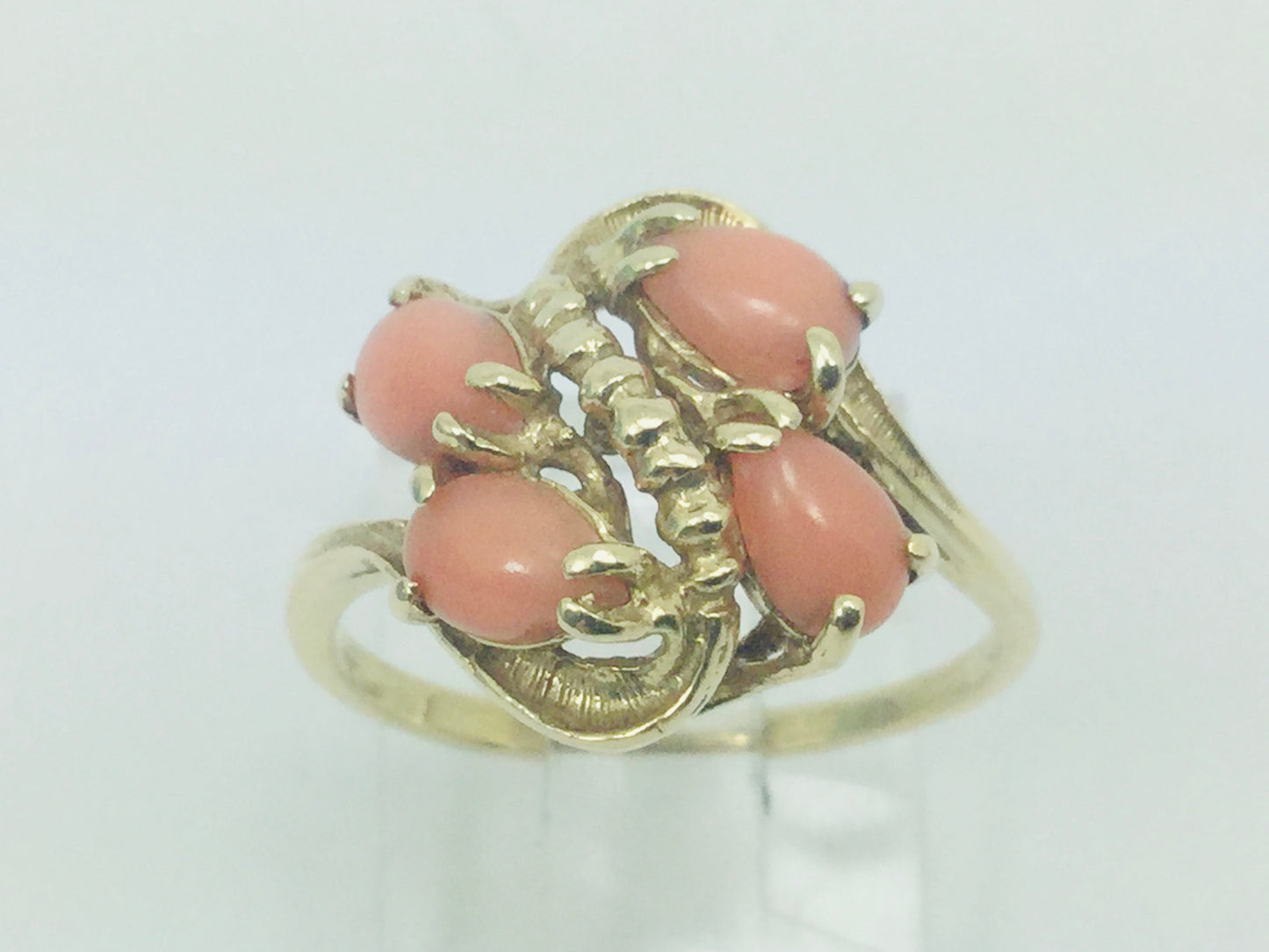 10k Yellow Gold Pear Cut Coral Ring and 14k Oval Cut Coral Bracelet Set