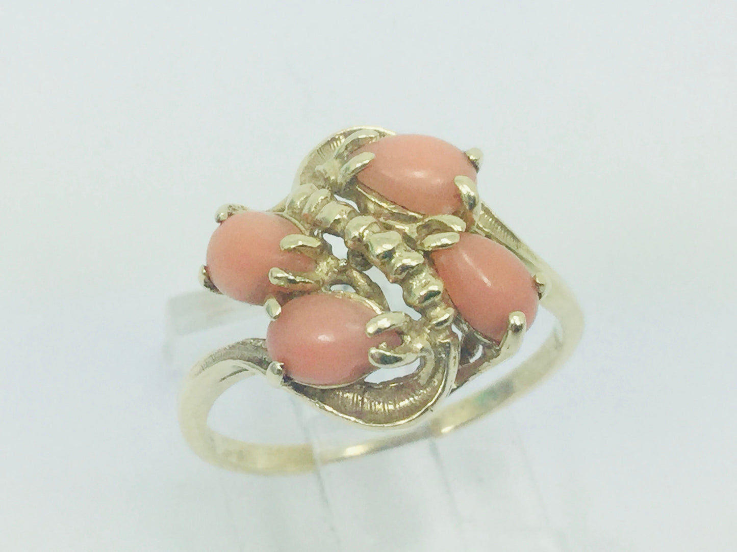 10k Yellow Gold Pear Cut Coral Ring and 14k Oval Cut Coral Bracelet Set