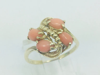 10k Yellow Gold Pear Cut Coral Ring and 14k Oval Cut Coral Bracelet Set