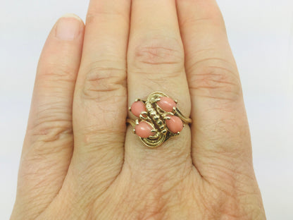 10k Yellow Gold Pear Cut Coral Ring and 14k Oval Cut Coral Bracelet Set