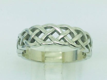 14k White Gold 6.8mm Custom Celtic Pattern Band Ring
