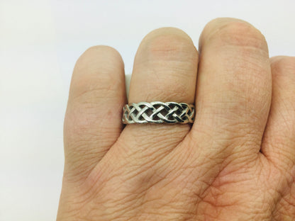 14k White Gold 6.8mm Custom Celtic Pattern Band Ring