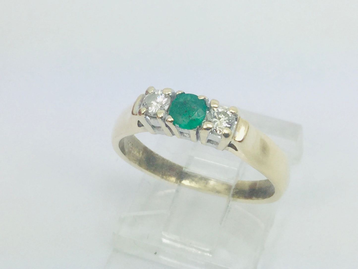 14k Yellow Gold Round Cut 18pt Emerald May Birthstone & 18pt Diamond Row Set Ring