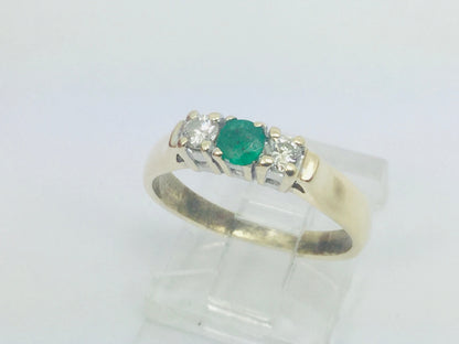14k Yellow Gold Round Cut 18pt Emerald May Birthstone & 18pt Diamond Row Set Ring
