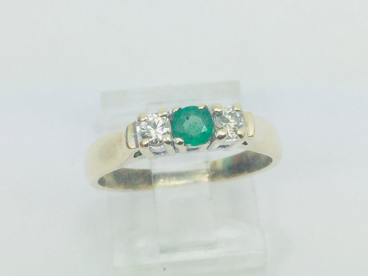 14k Yellow Gold Round Cut 18pt Emerald May Birthstone & 18pt Diamond Row Set Ring