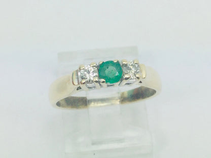 14k Yellow Gold Round Cut 18pt Emerald May Birthstone & 18pt Diamond Row Set Ring