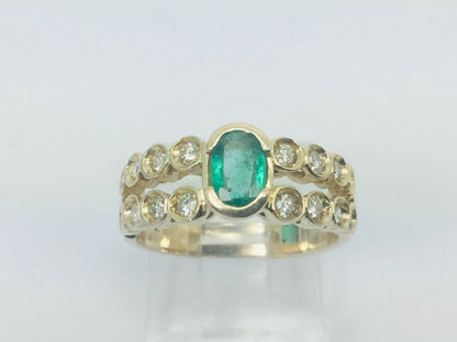 14k Yellow Gold Oval Cut 0.50ct Emerald May Birthstone & 0.40ct Diamond Row Set Ring
