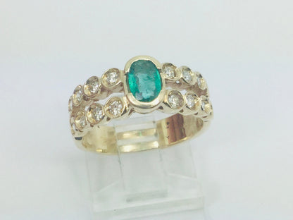 14k Yellow Gold Oval Cut 0.50ct Emerald May Birthstone & 0.40ct Diamond Row Set Ring