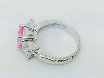 14k White Gold Emerald Cut Pink October Birthstone & Cubic Zirconia (CZ) Ring