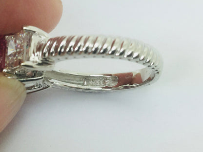 14k White Gold Emerald Cut Pink October Birthstone & Cubic Zirconia (CZ) Ring