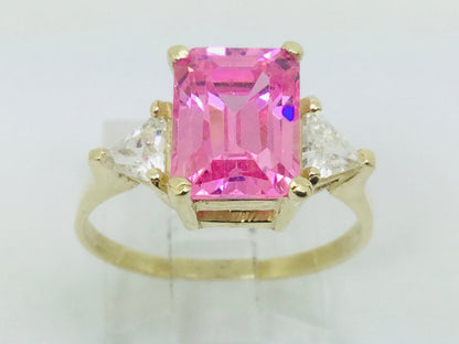 10k Yellow Gold Emerald Cut Pink October Birthstone & Cubic Zirconia (CZ) Ring
