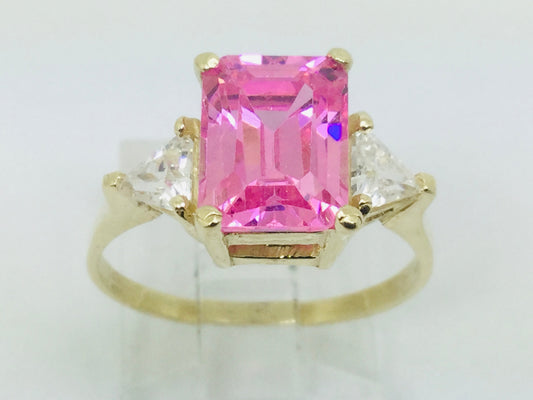 10k Yellow Gold Emerald Cut Pink October Birthstone & Cubic Zirconia (CZ) Ring