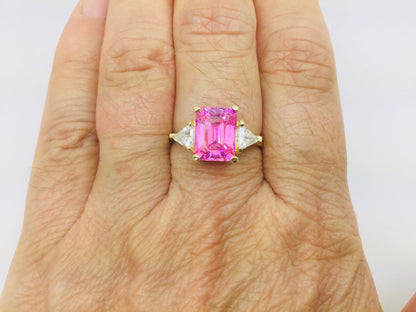10k Yellow Gold Emerald Cut Pink October Birthstone & Cubic Zirconia (CZ) Ring