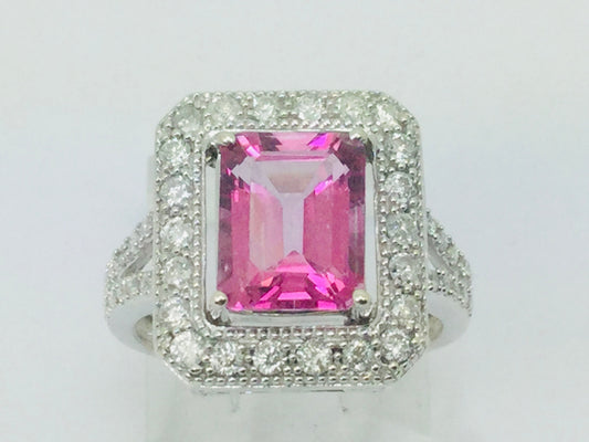 14k White Gold Emerald Cut 2.50ct Pink Topaz & 0.53ct Diamond Ring