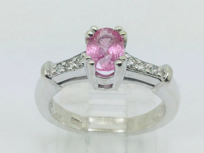 14k White Gold Oval Cut 0.65ct Pink Topaz & 9pt Diamond Ring