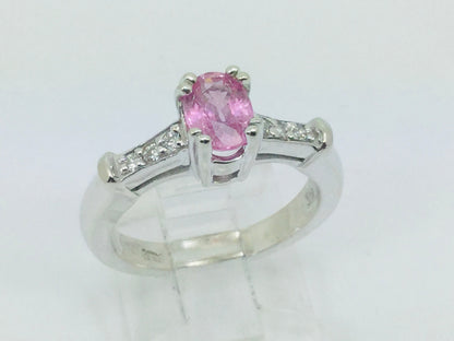 14k White Gold Oval Cut 0.65ct Pink Topaz & 9pt Diamond Ring