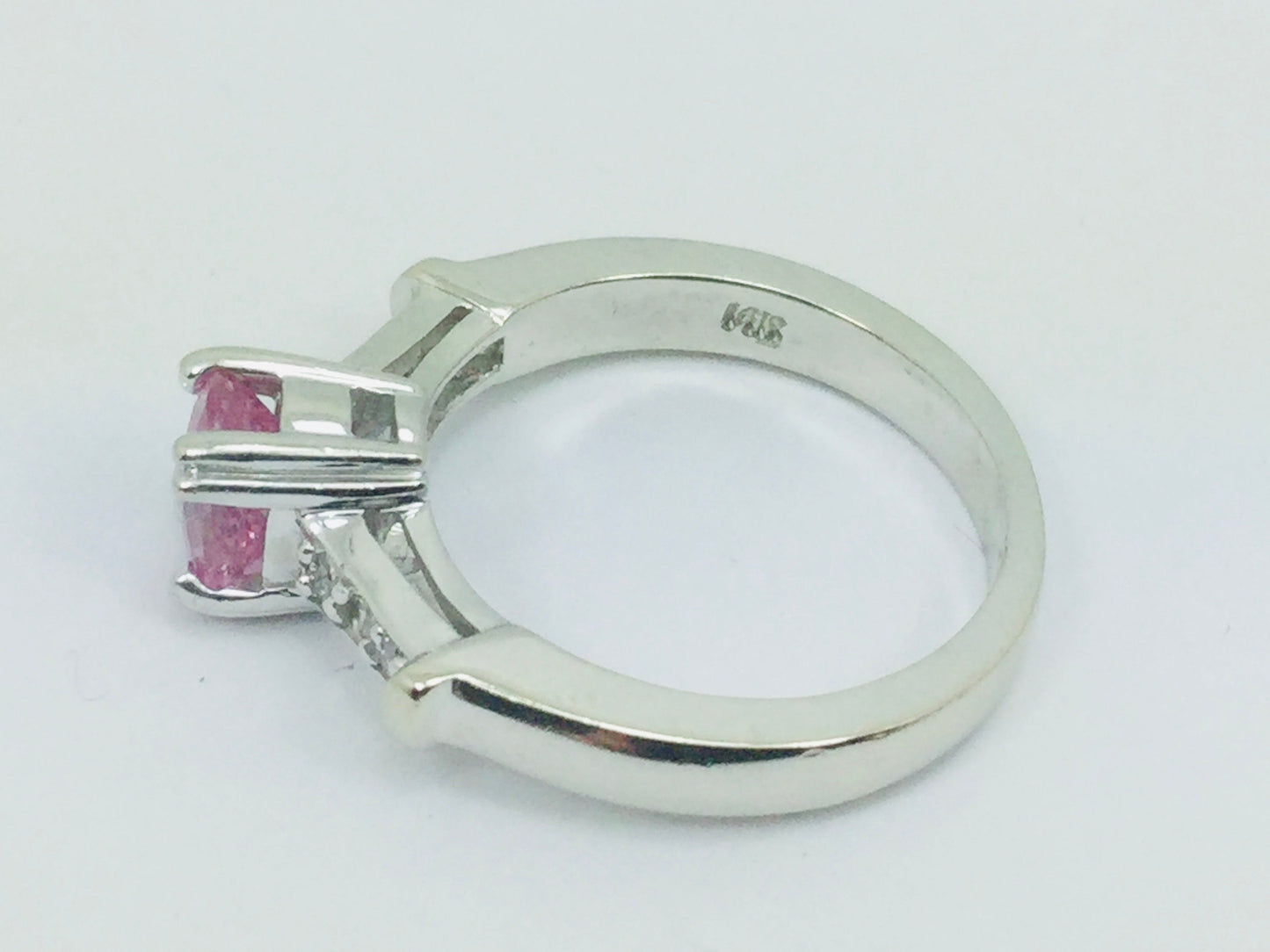 14k White Gold Oval Cut 0.65ct Pink Topaz & 9pt Diamond Ring