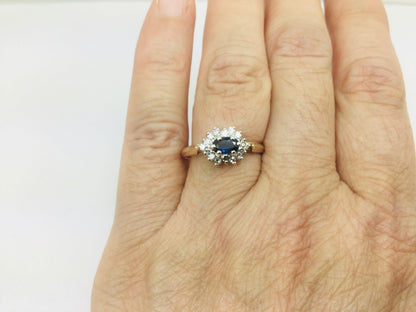 14k Yellow and White Gold Oval Cut 0.35ct Sapphire September Birthstone & 0.30ct Diamond Cluster Ring