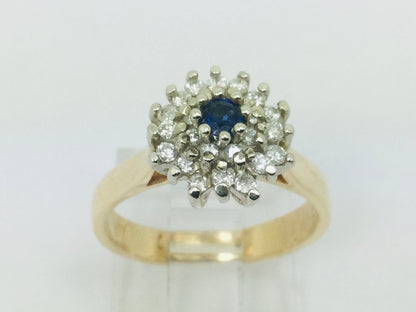 14k Yellow and White Gold Oval Cut 0.15ct Sapphire September Birthstone & 0.32ct Diamond Cluster Ring