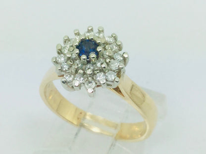14k Yellow and White Gold Oval Cut 0.15ct Sapphire September Birthstone & 0.32ct Diamond Cluster Ring