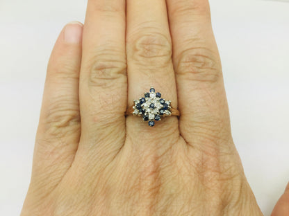 14k Yellow Gold Round Cut 24pt Sapphire September Birthstone & 12pt Diamond Row Set Cluster Ring