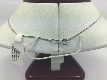 14k White Gold Round Cut Blue Topaz & Diamond Pendent and 10k Gold Chain Necklace