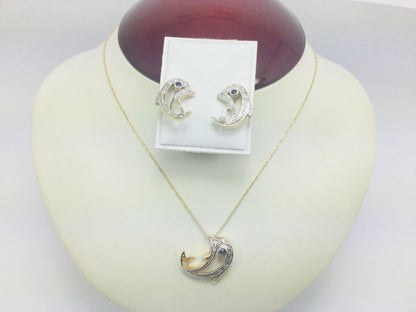 10k Yellow Gold Dolphin with Round Cut Sapphire and 8pt Diamond Necklace and Earring Set