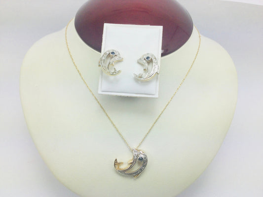 10k Yellow Gold Dolphin with Round Cut Sapphire and 8pt Diamond Necklace and Earring Set