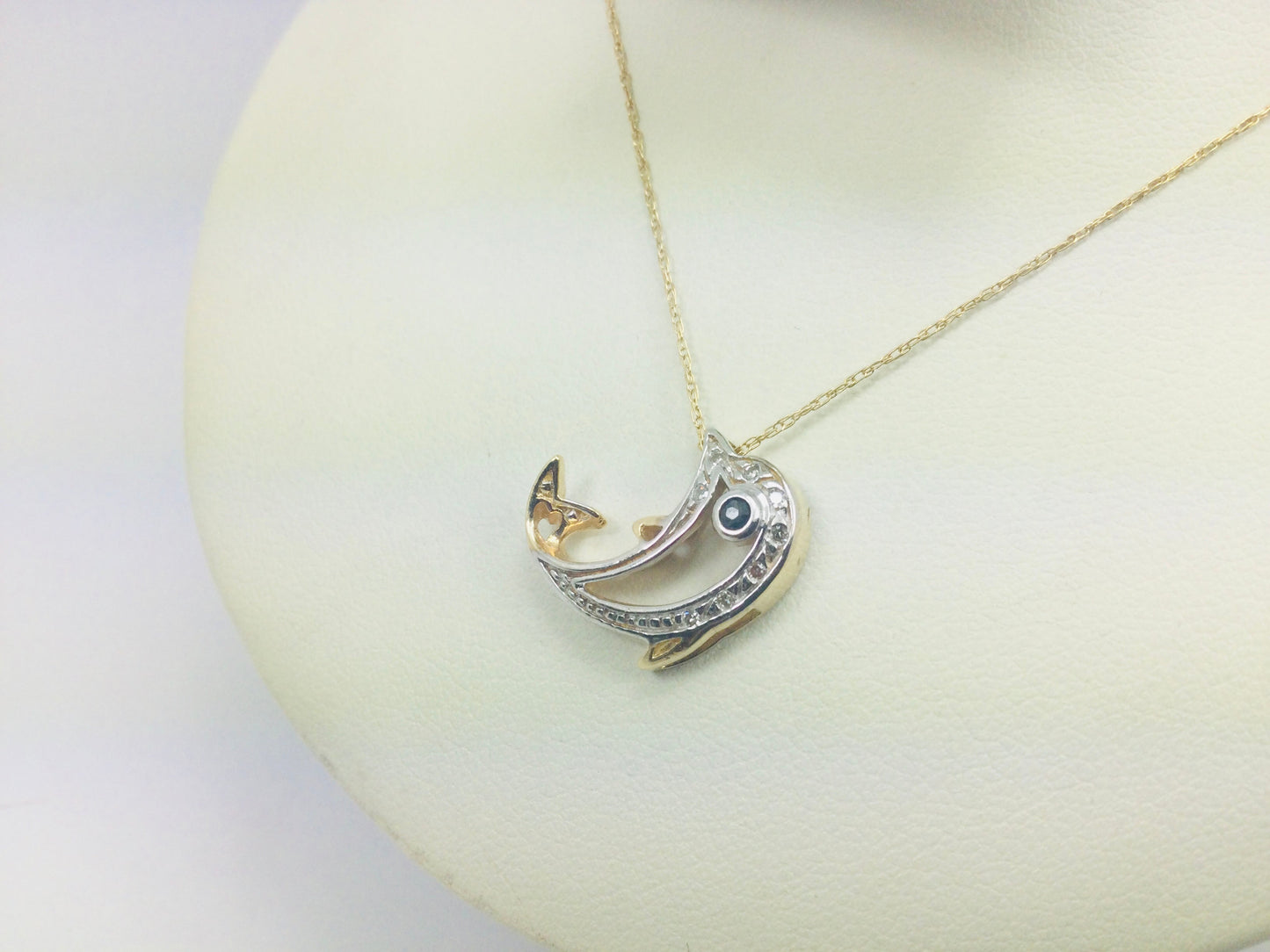 10k Yellow Gold Dolphin with Round Cut Sapphire and 8pt Diamond Necklace and Earring Set
