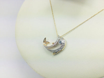 10k Yellow Gold Dolphin with Round Cut Sapphire and 8pt Diamond Necklace and Earring Set