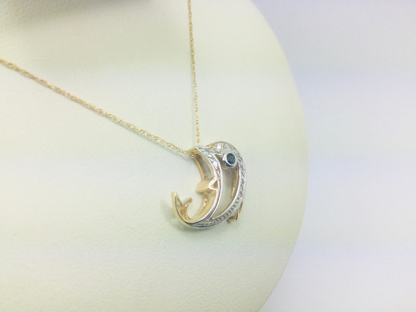 10k Yellow Gold Dolphin with Round Cut Sapphire and 8pt Diamond Necklace and Earring Set