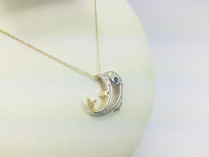 10k Yellow Gold Dolphin with Round Cut Sapphire and 8pt Diamond Necklace and Earring Set