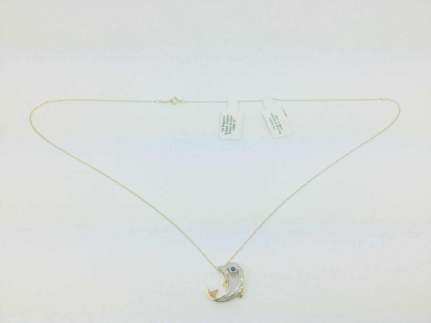 10k Yellow Gold Dolphin with Round Cut Sapphire and 8pt Diamond Necklace and Earring Set