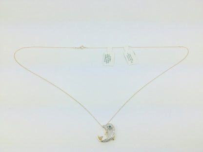 10k Yellow Gold Dolphin with Round Cut Sapphire and 8pt Diamond Necklace and Earring Set