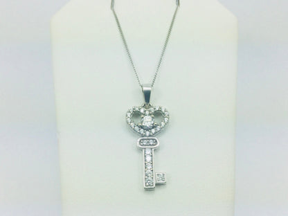 10k White Gold Round Cut Cubic Zirconia (CZ) Heart Key Necklace