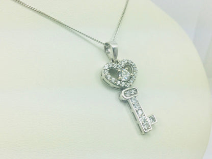 10k White Gold Round Cut Cubic Zirconia (CZ) Heart Key Necklace
