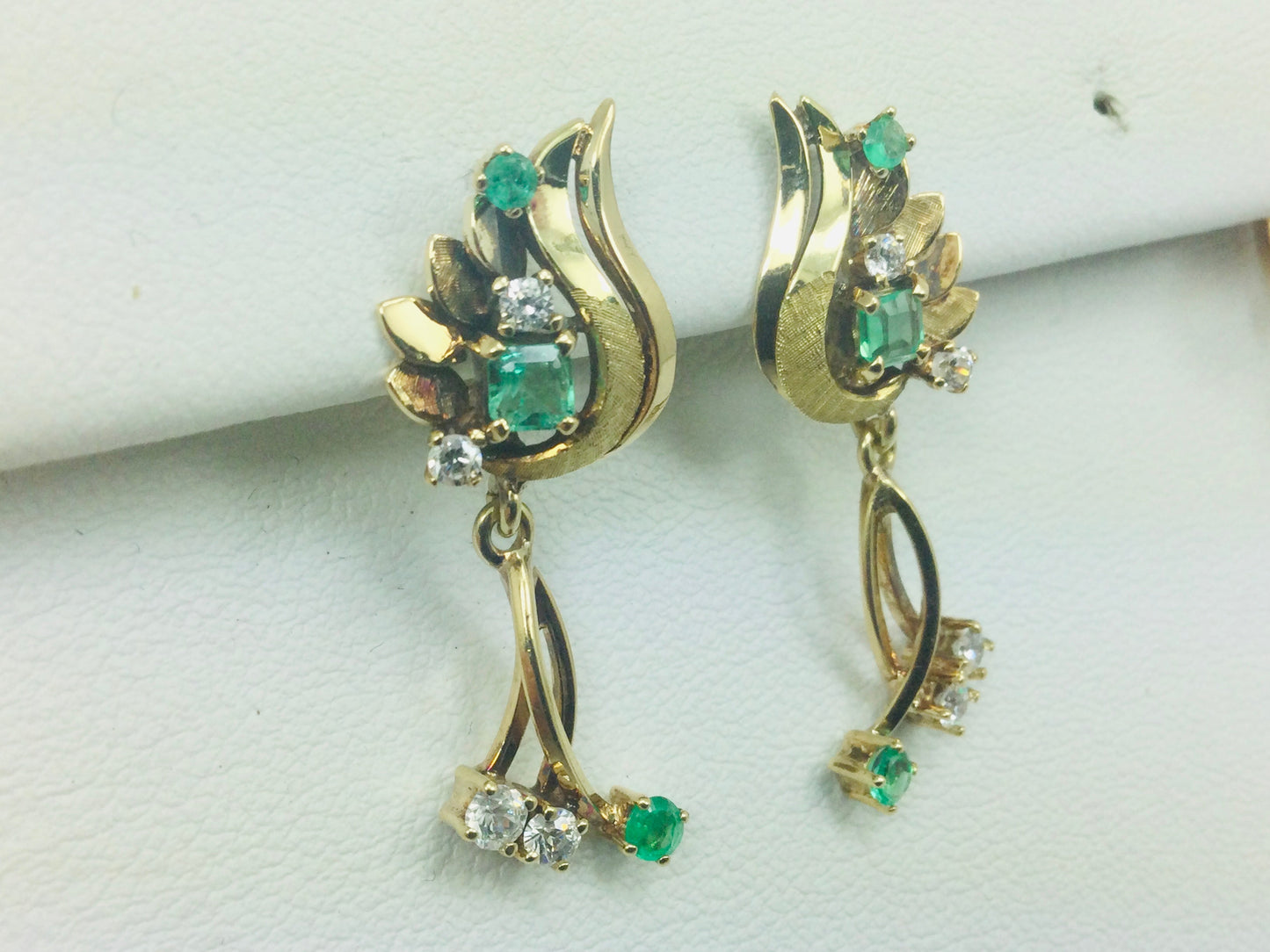 18k Yellow Gold Princess and Round Cut 54pt Emerald and 32pt Diamond Earrings