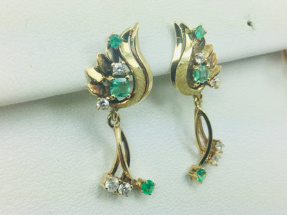 18k Yellow Gold Princess and Round Cut 54pt Emerald and 32pt Diamond Earrings