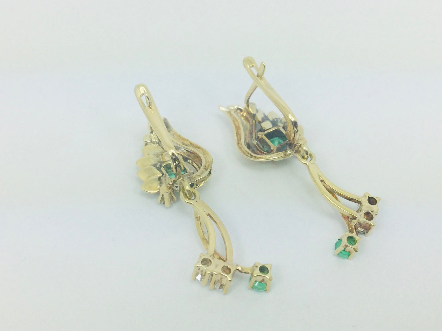18k Yellow Gold Princess and Round Cut 54pt Emerald and 32pt Diamond Earrings