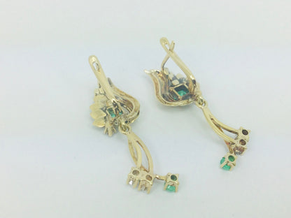 18k Yellow Gold Princess and Round Cut 54pt Emerald and 32pt Diamond Earrings