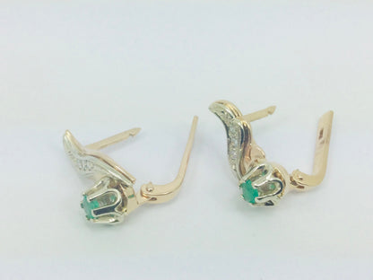 14k Yellow Gold Round Cut 28pt Emerald and 12pt Diamond Earrings