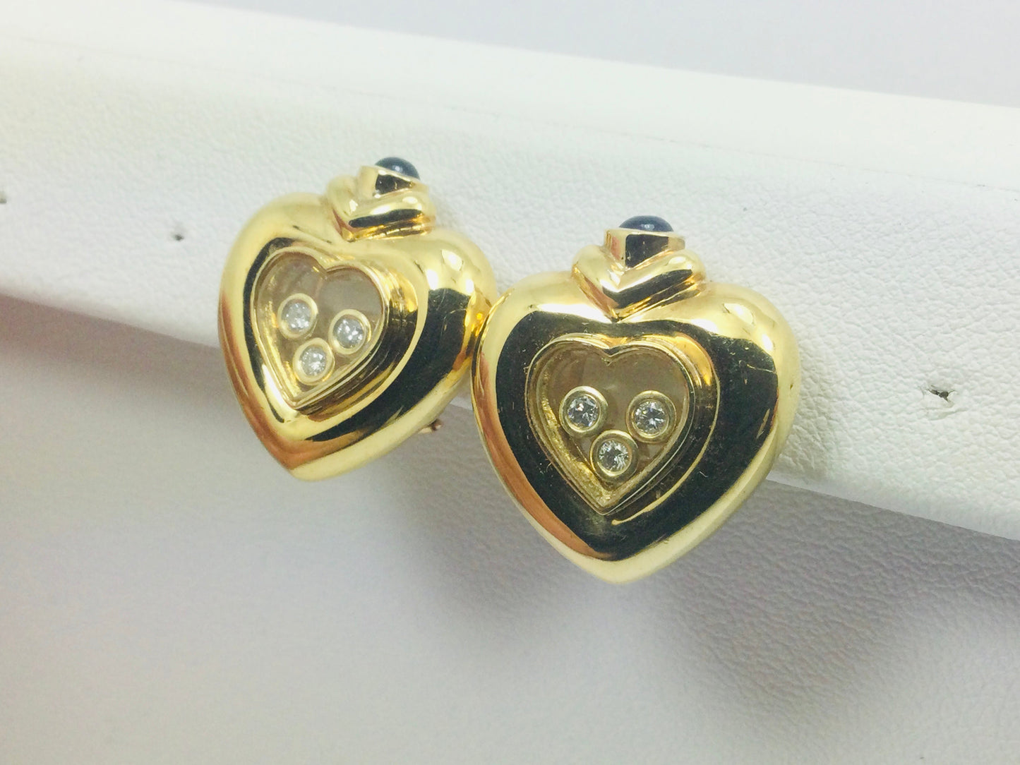 Vintage 14k Yellow Gold Happy Diamonds & Round Cut Sapphire Heart Earrings