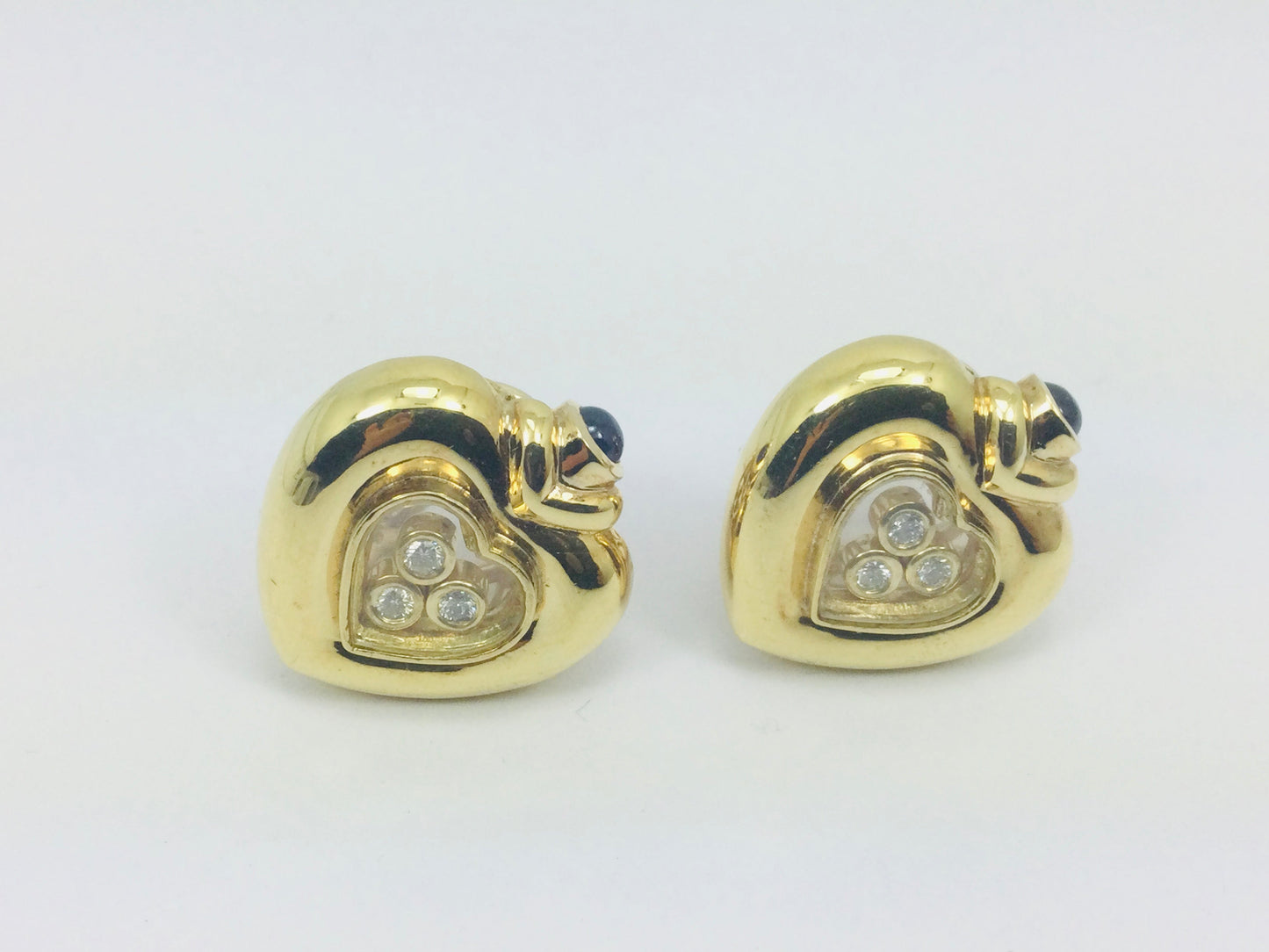 Vintage 14k Yellow Gold Happy Diamonds & Round Cut Sapphire Heart Earrings