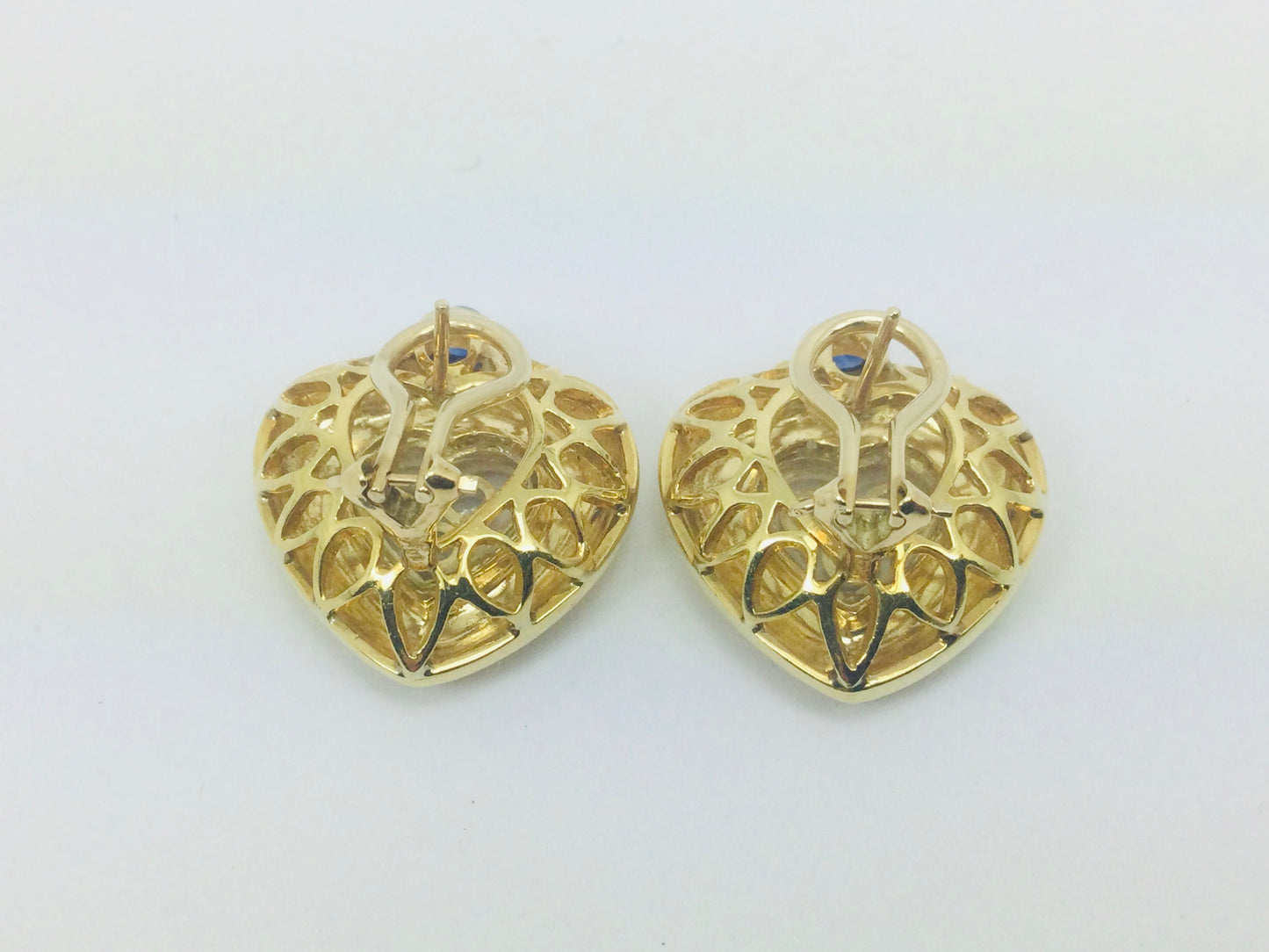 Vintage 14k Yellow Gold Happy Diamonds & Round Cut Sapphire Heart Earrings