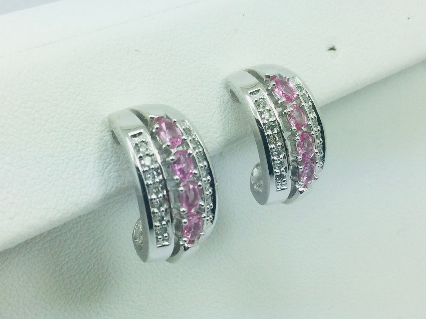 14k White Gold Oval Cut 1.2ct Rose Quartz & 28pt Diamond Earrings