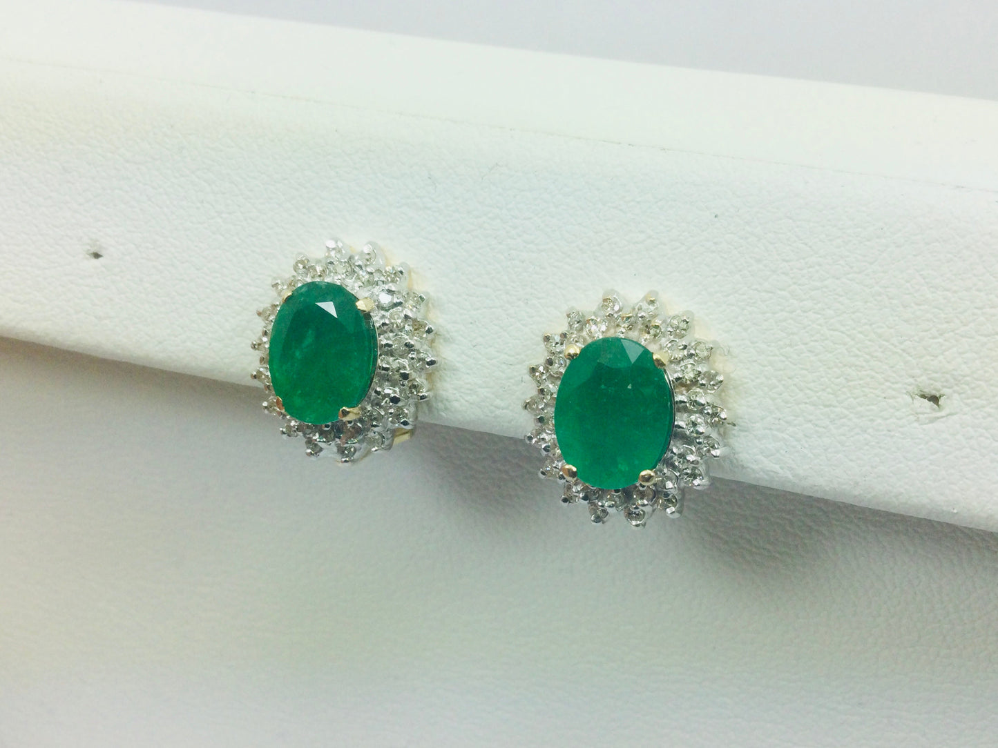 14k Yellow Gold Oval Cut 2ct Emerald & 72pt Diamond Earrings
