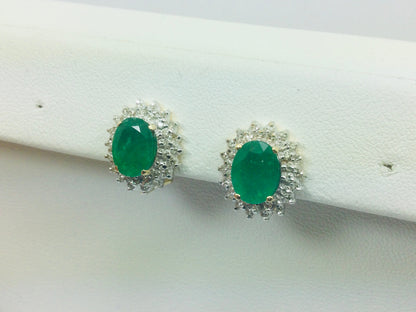 14k Yellow Gold Oval Cut 2ct Emerald & 72pt Diamond Earrings